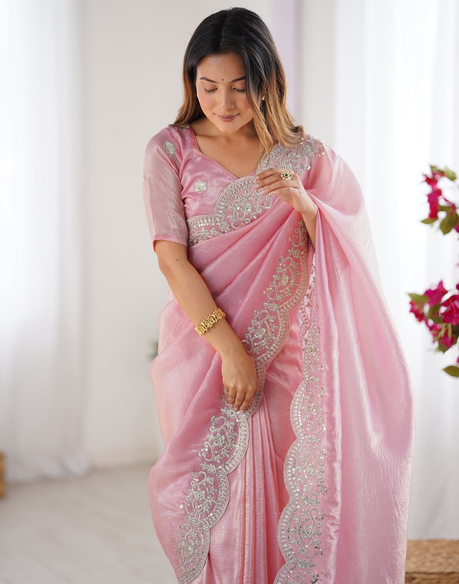 Rose Pink Tissue Silk Sequence Embroidery Saree