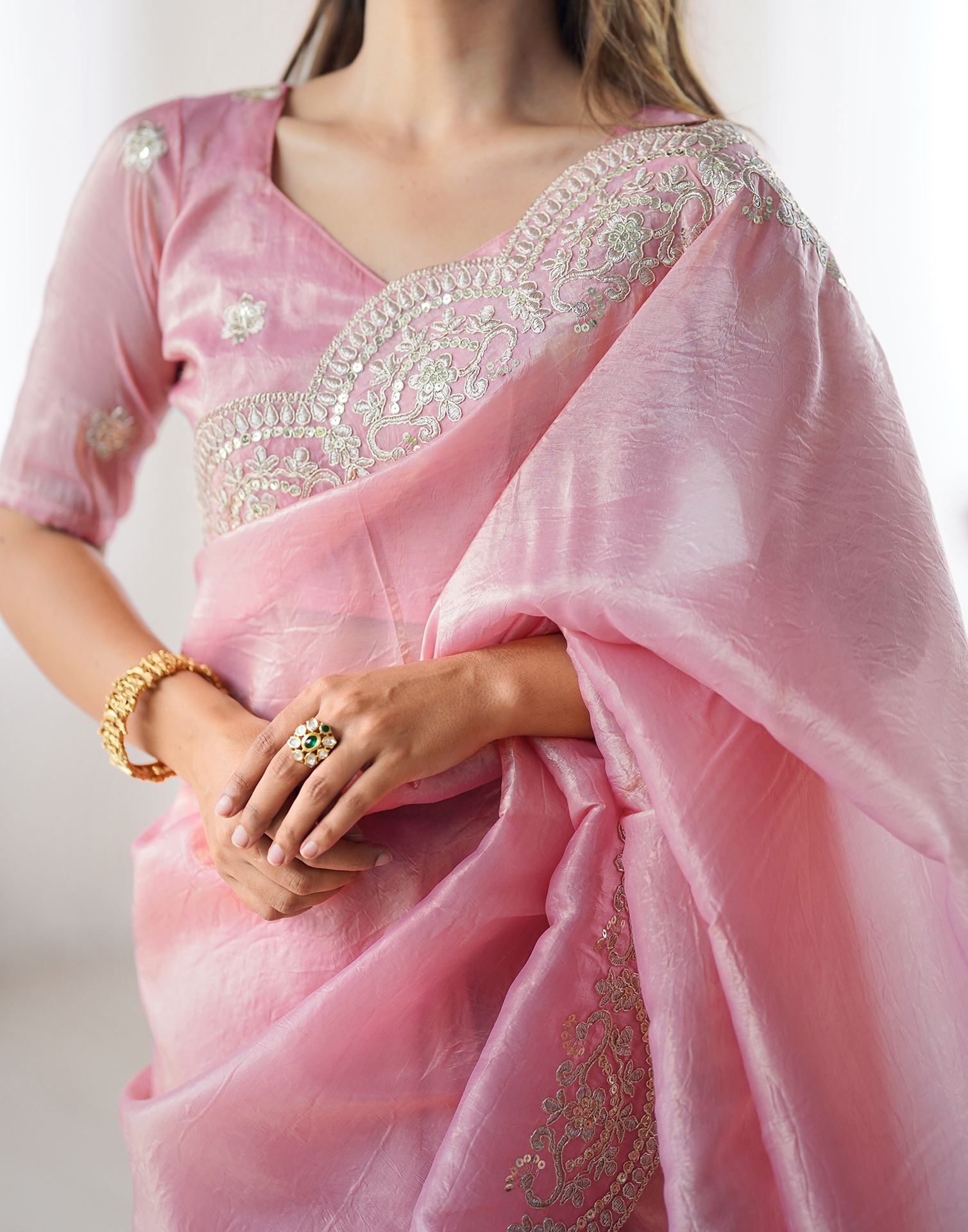 Rose Pink Tissue Silk Sequence Embroidery Saree