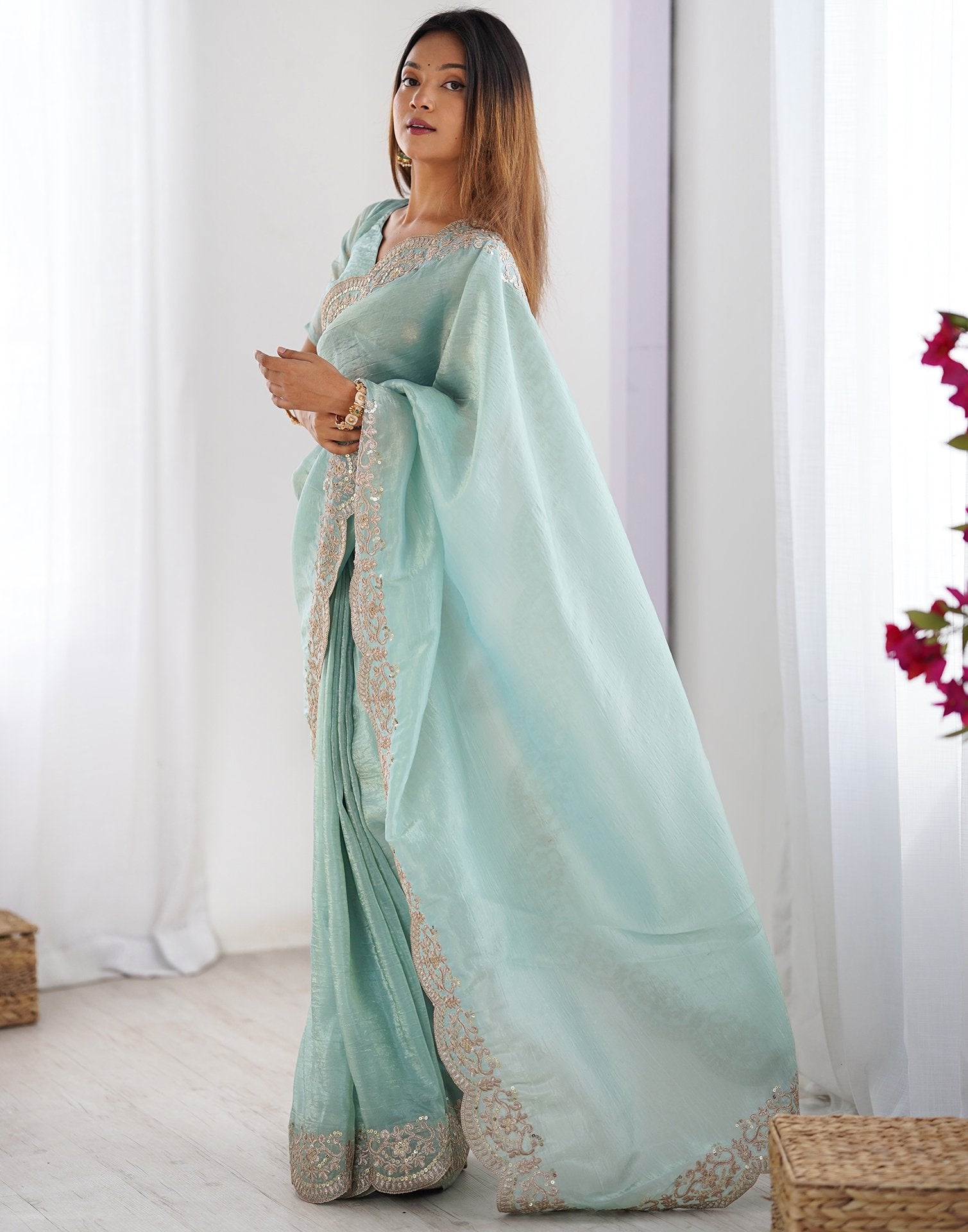 Light Mint Green Tissue Silk Sequence Embroidery Saree