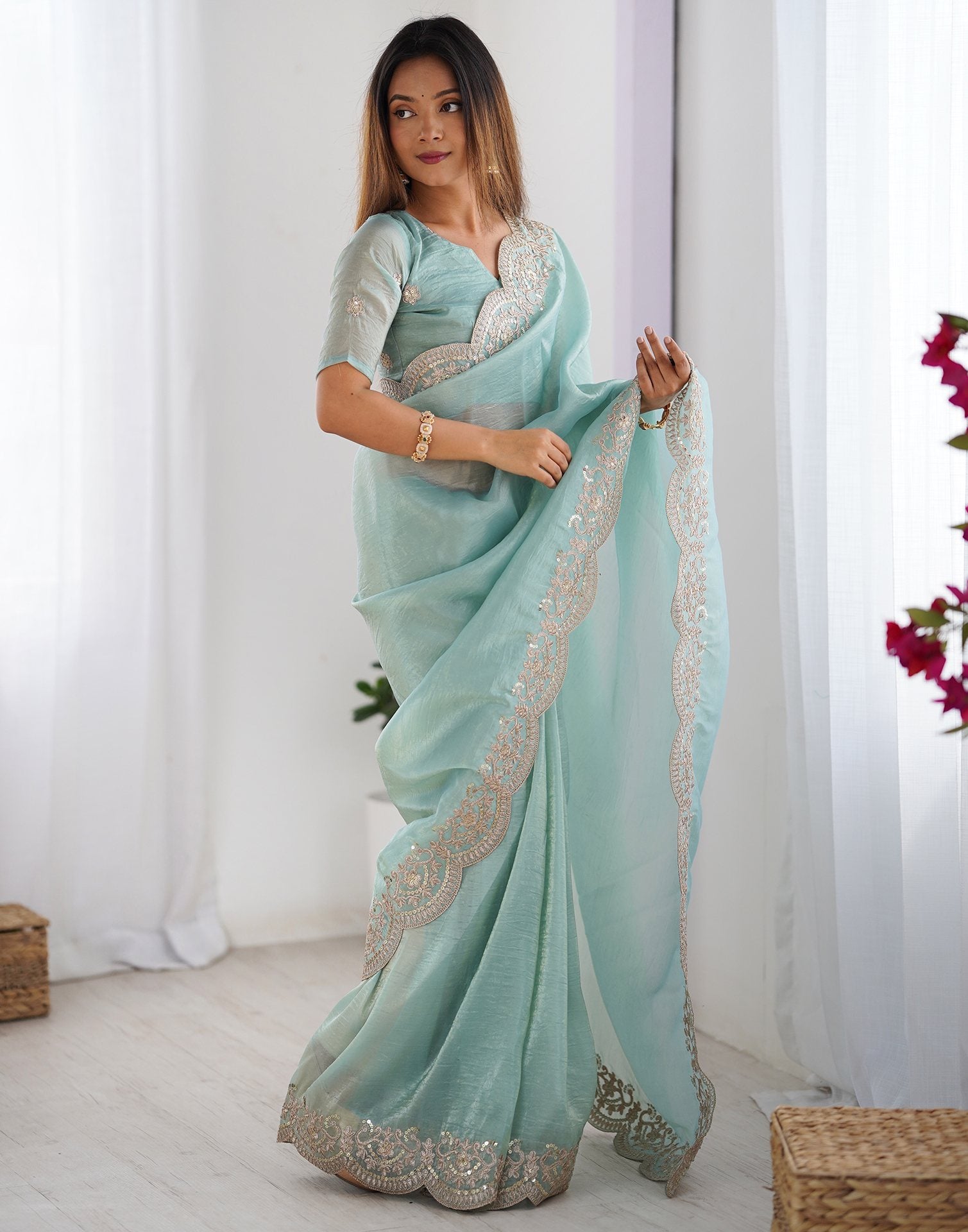 Light Mint Green Tissue Silk Sequence Embroidery Saree