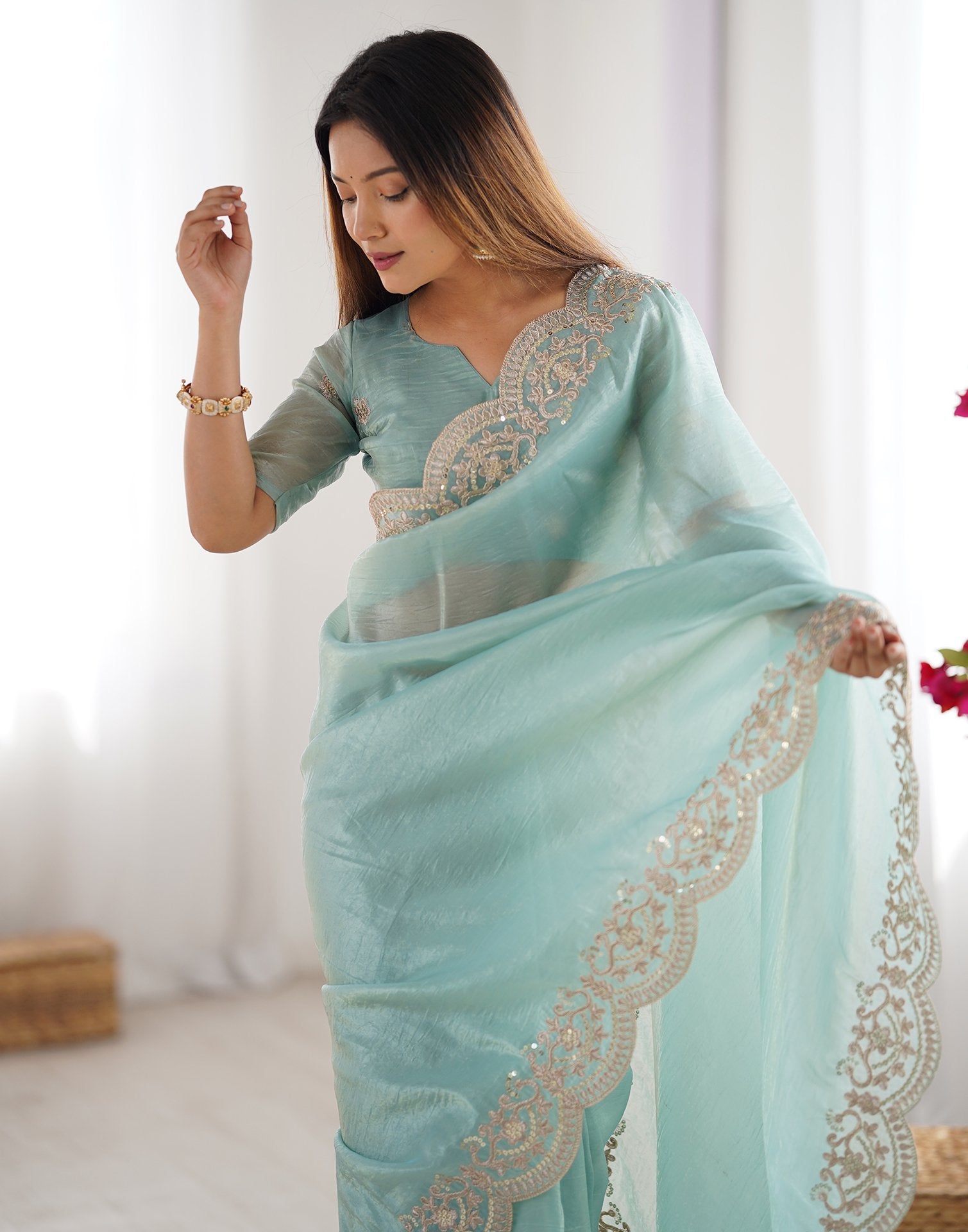 Light Mint Green Tissue Silk Sequence Embroidery Saree