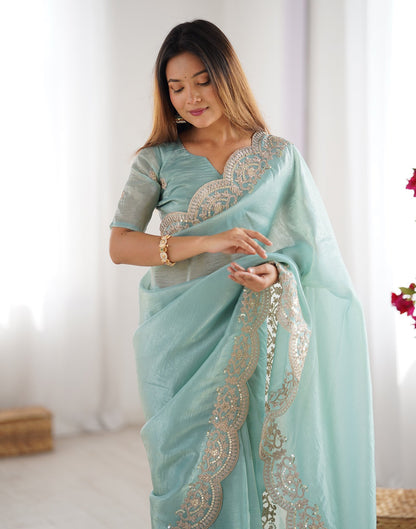 Light Mint Green Tissue Silk Sequence Embroidery Saree