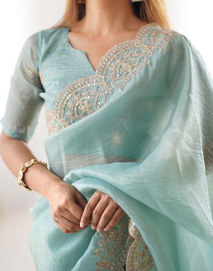 Light Mint Green Tissue Silk Sequence Embroidery Saree