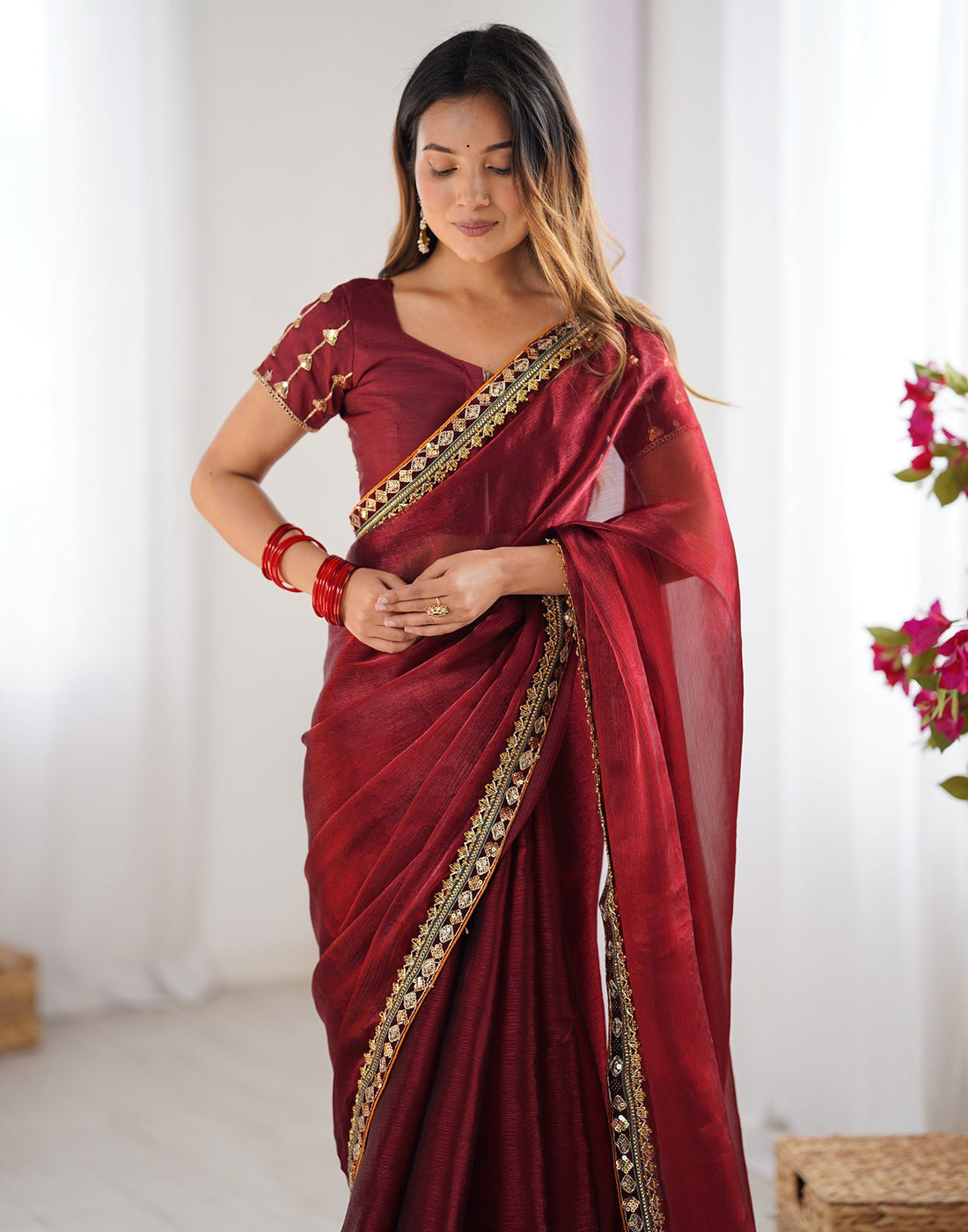 Maroon Shimmer Chiffon Lace Solid Saree