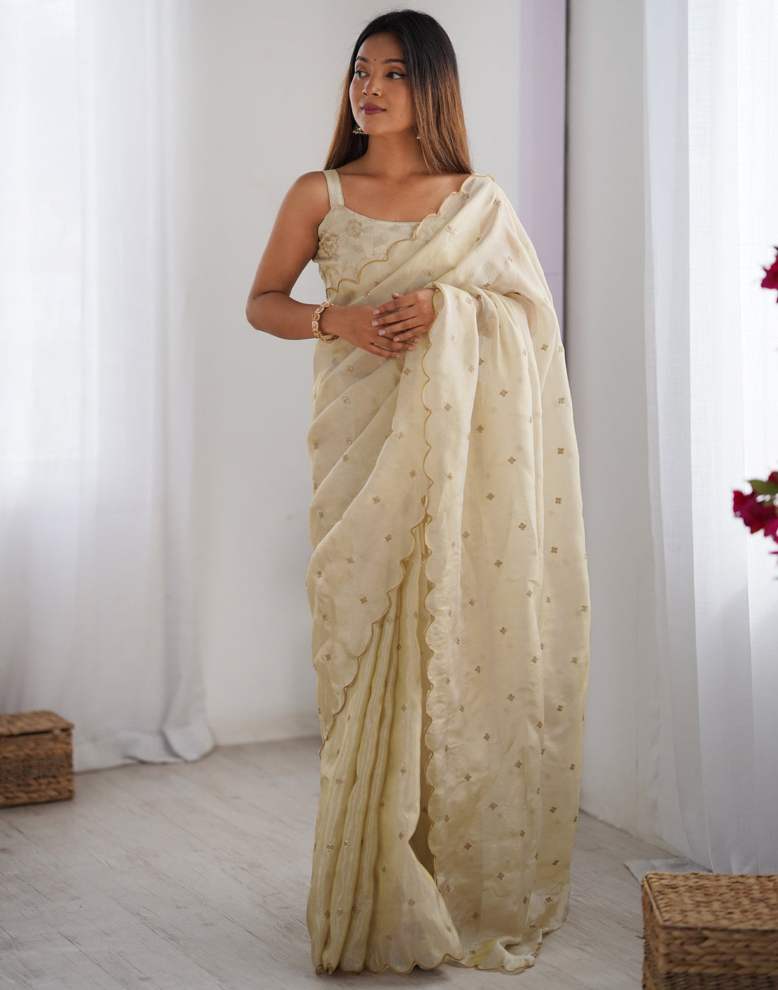 Cream Silk Sequence Embroidery Saree