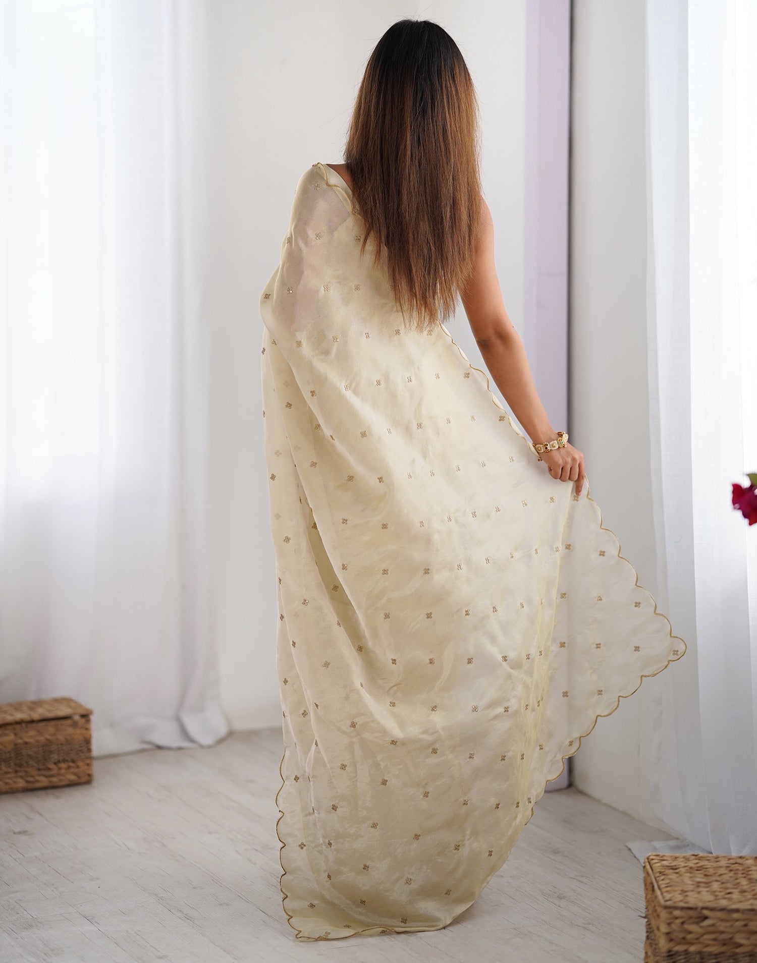 Cream Silk Sequence Embroidery Saree