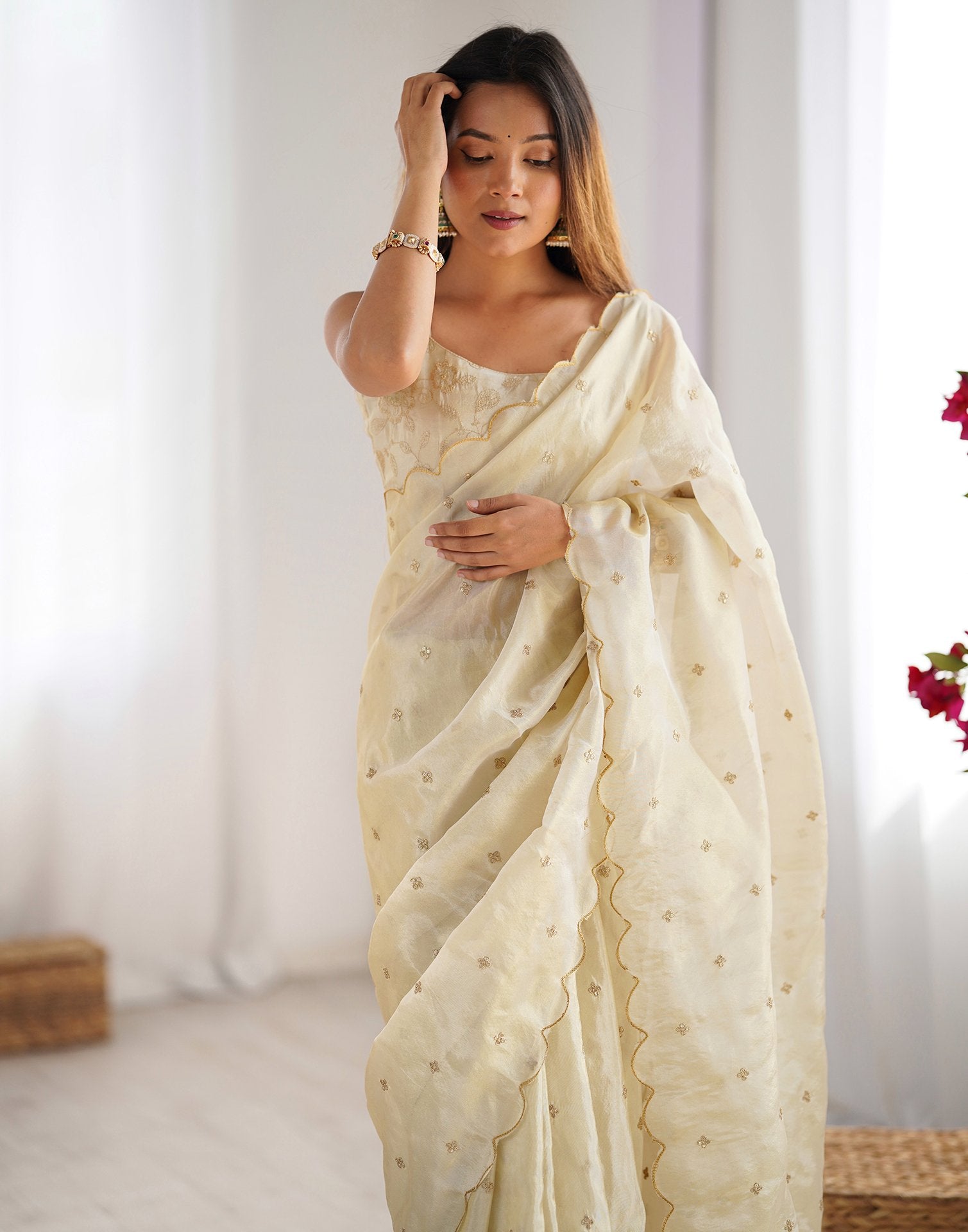 Cream Silk Sequence Embroidery Saree
