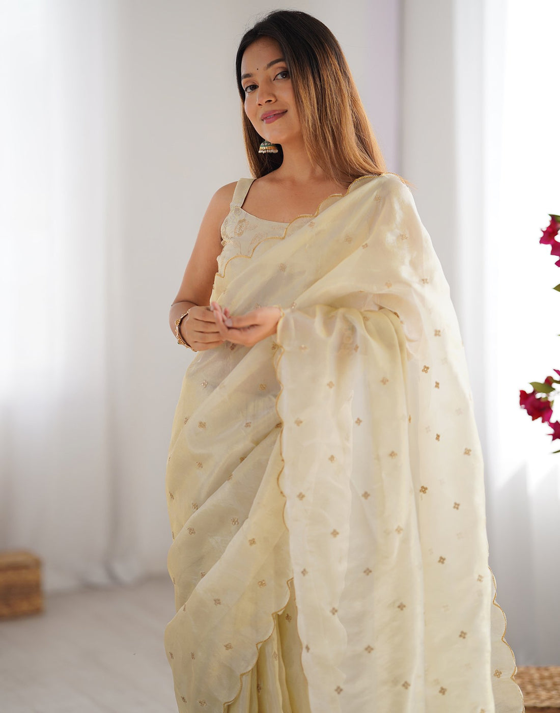 Cream Silk Sequence Embroidery Saree