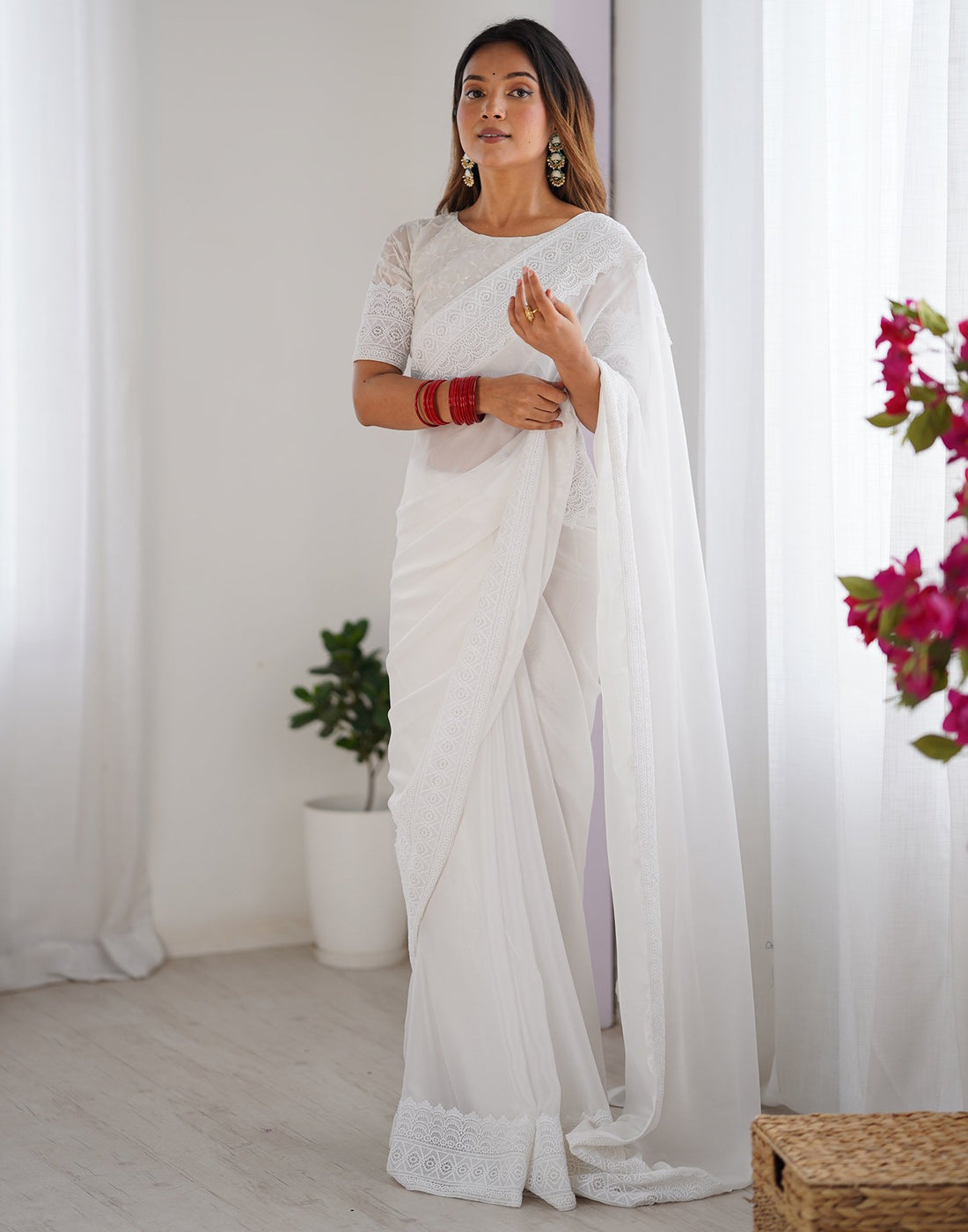 White Georgette Lace Saree