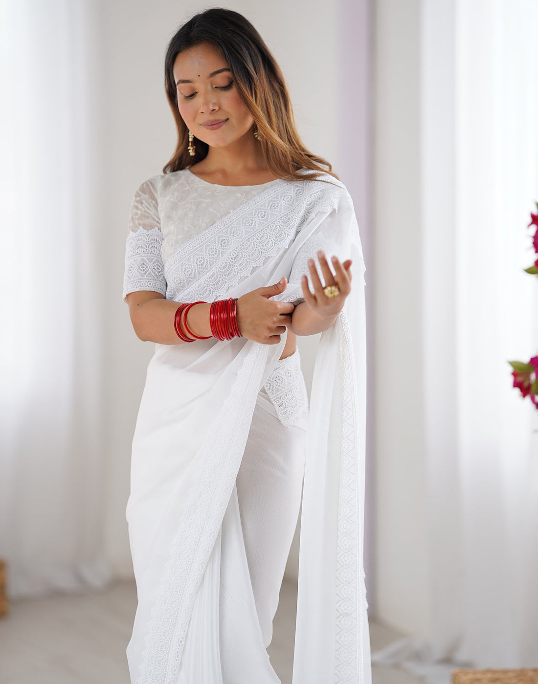 White Georgette Lace Saree