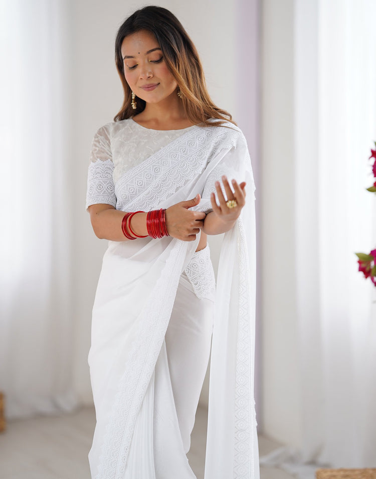 White Georgette Lace Saree