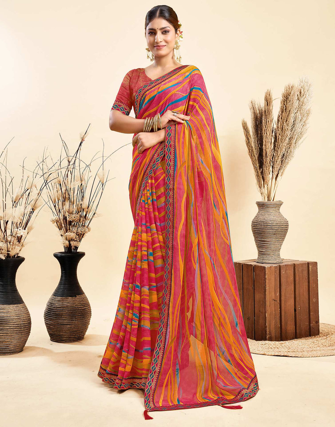 Rose Pink Chiffon Printed Saree