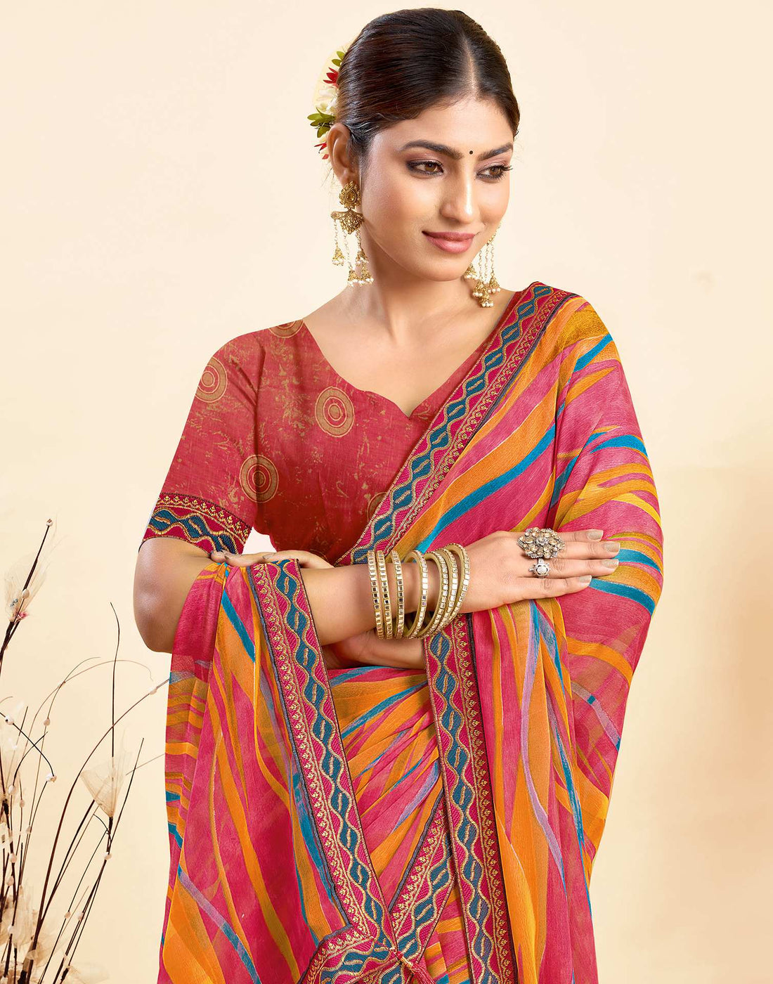 Rose Pink Chiffon Printed Saree