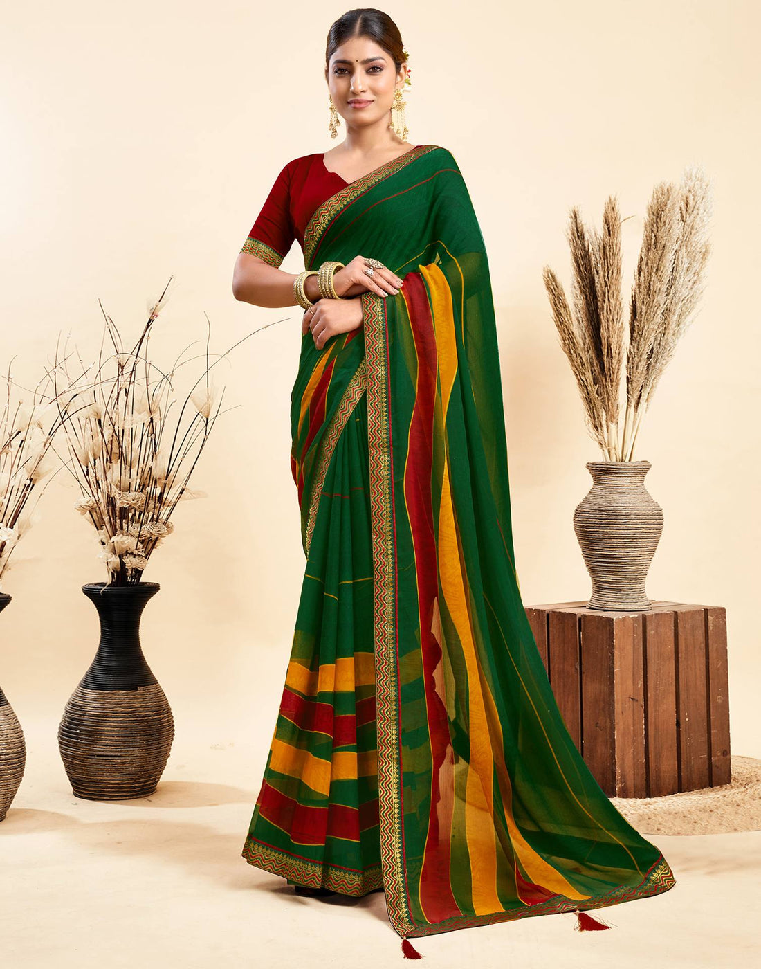Dark Green Chiffon Printed Saree