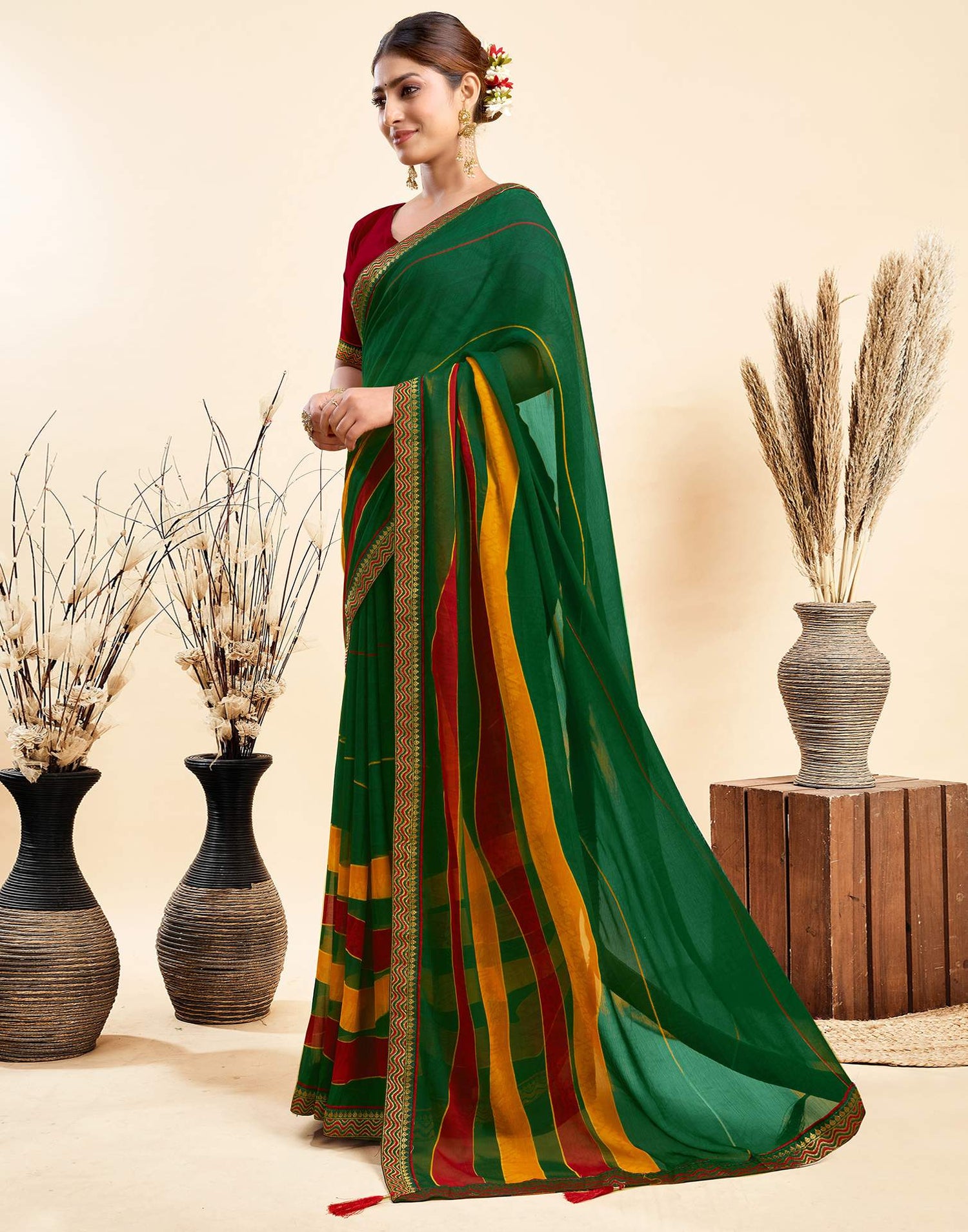Dark Green Chiffon Printed Saree