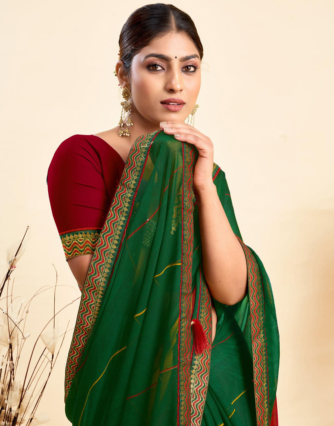 Dark Green Chiffon Printed Saree