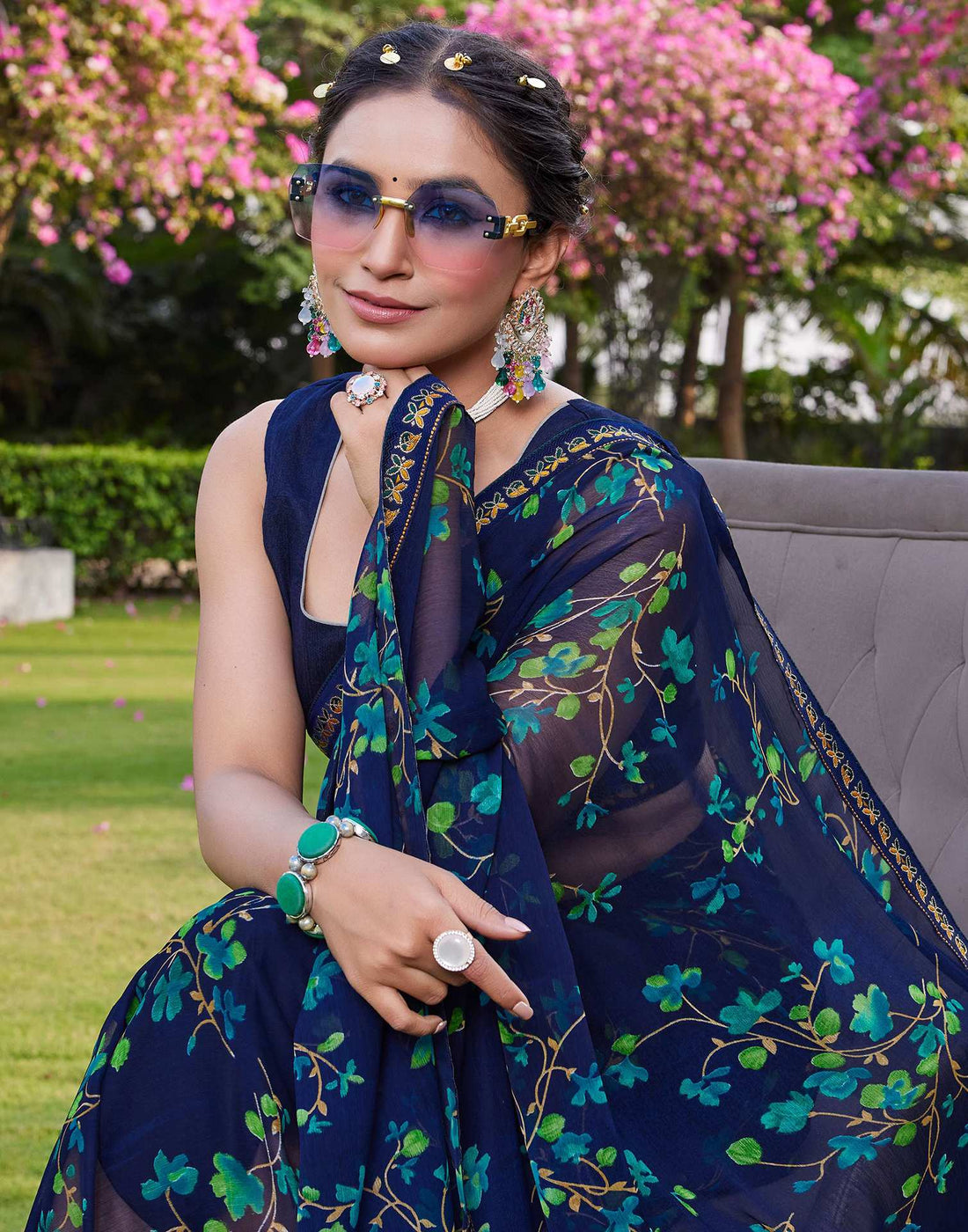 Navy Blue Chiffon Floral Printed Saree