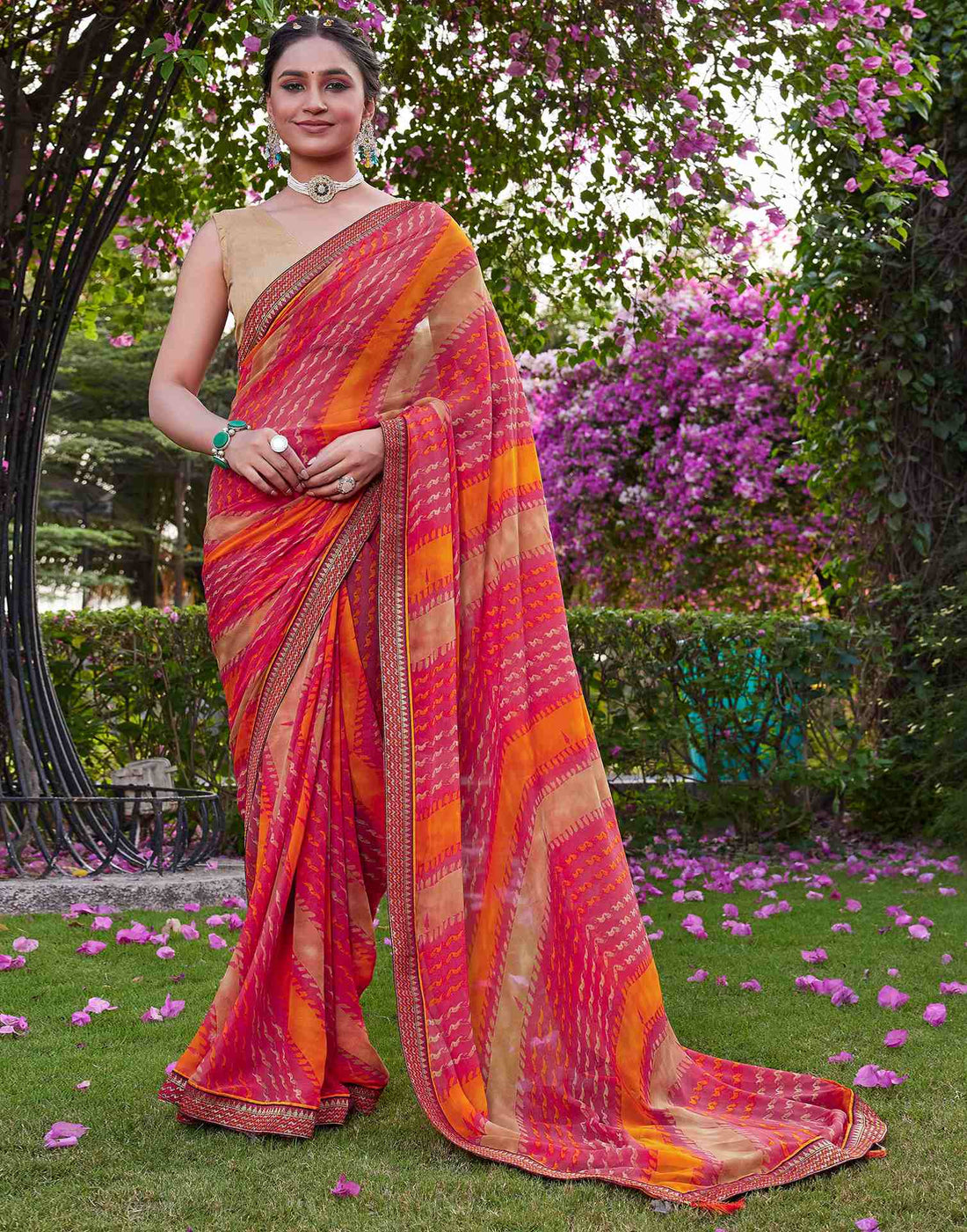 Pink Chiffon Printed Saree
