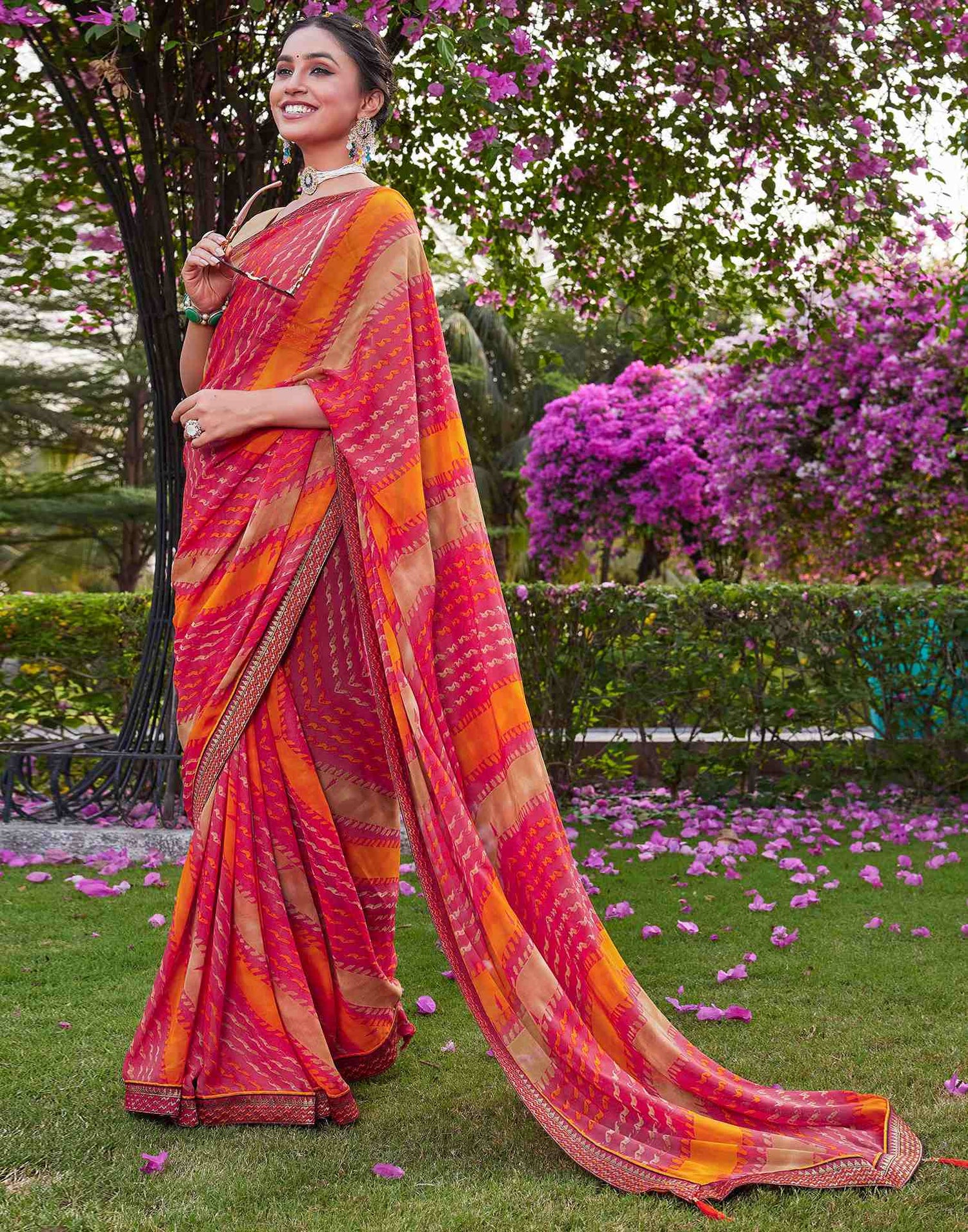 Pink Chiffon Printed Saree