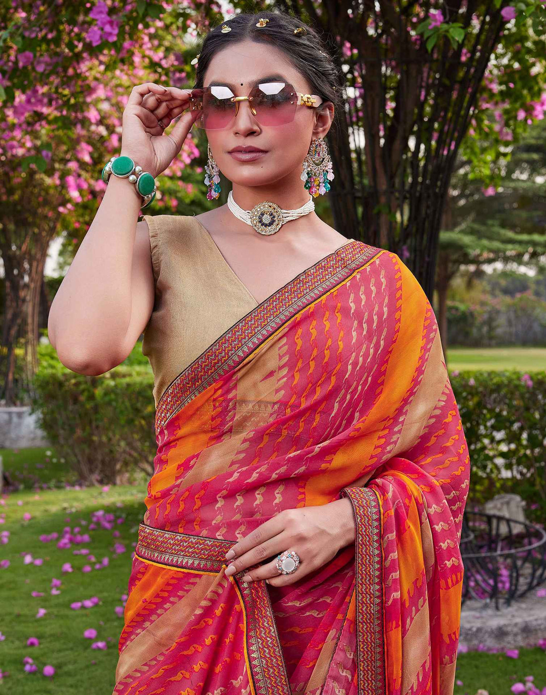Pink Chiffon Printed Saree