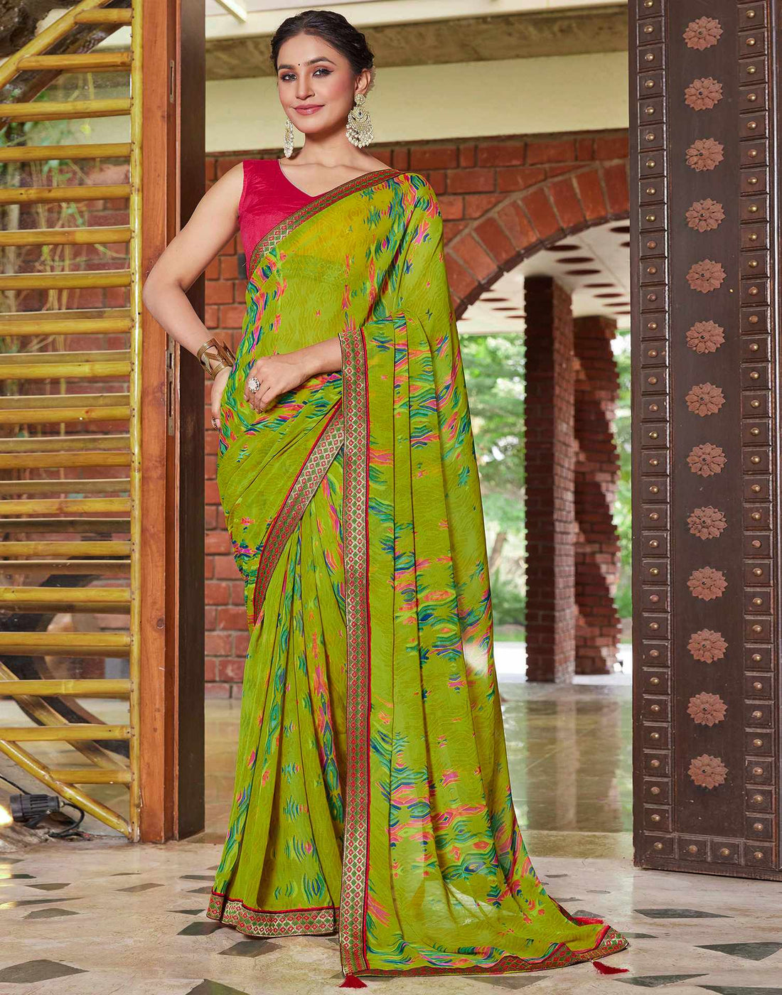 Green Chiffon Printed Saree