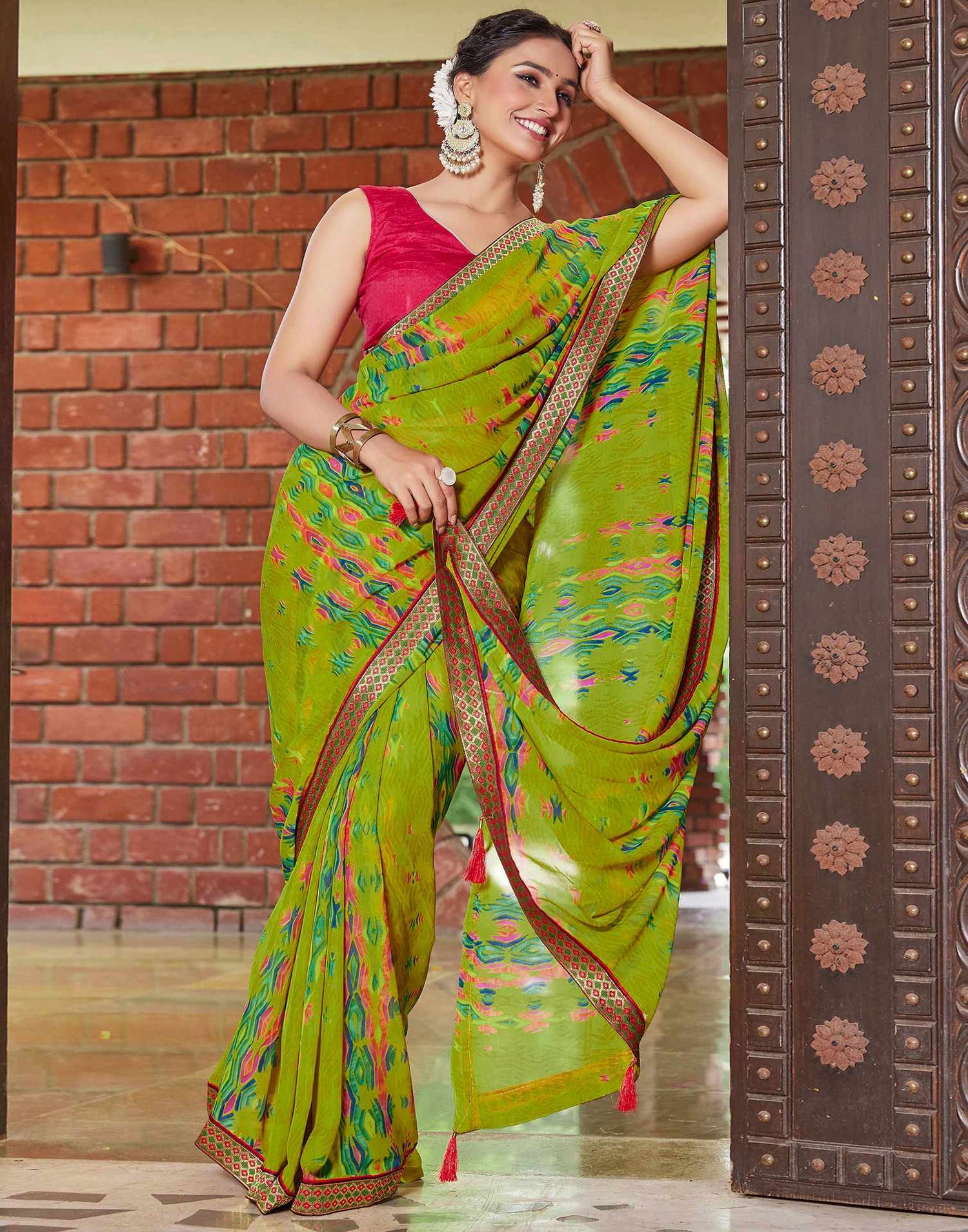 Green Chiffon Printed Saree