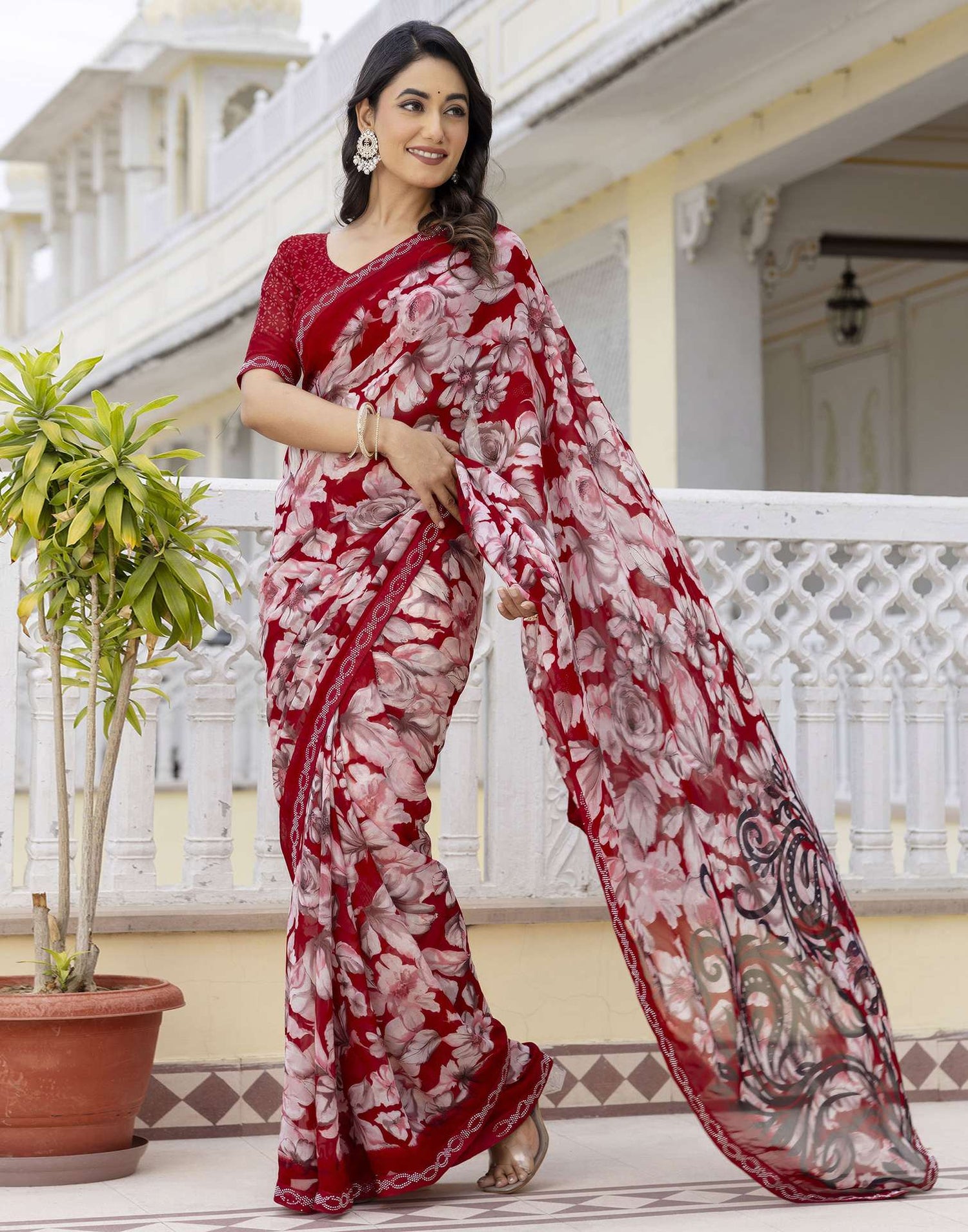 Red Georgette Stone Work Printed Saree