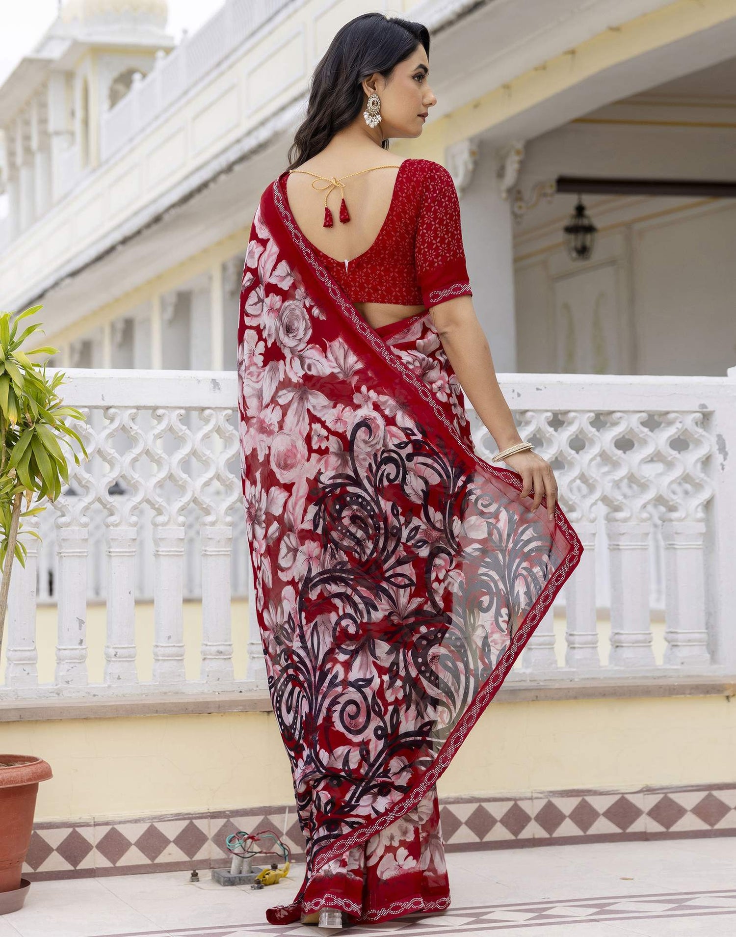 Red Georgette Stone Work Printed Saree