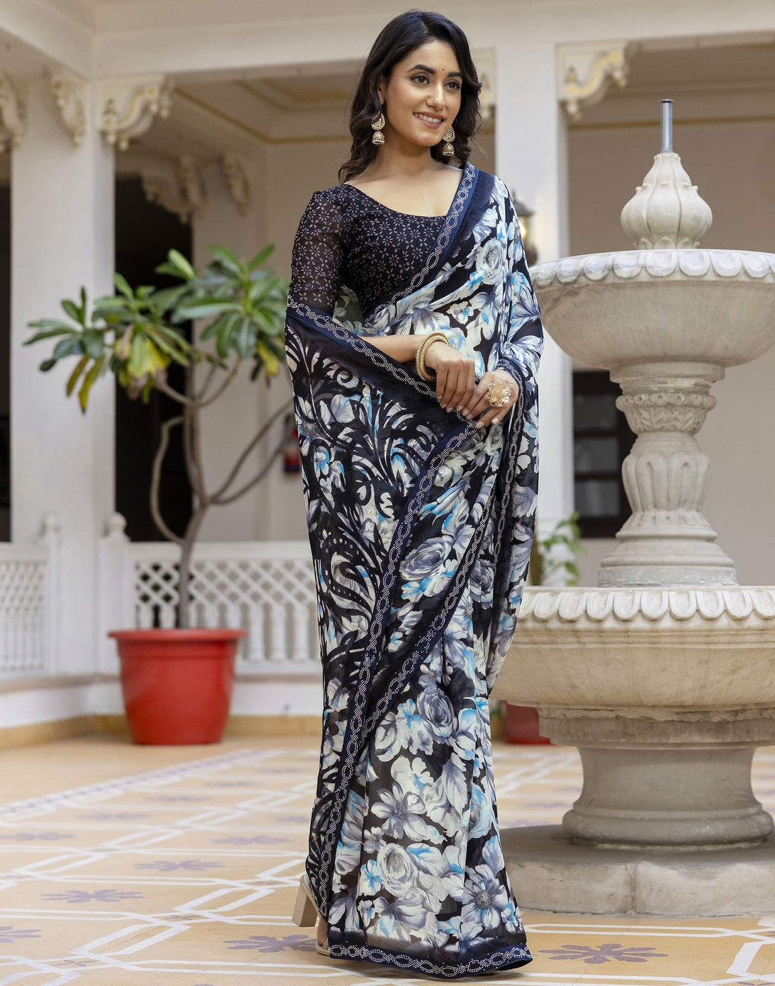 Black Georgette Stone Work Printed Saree