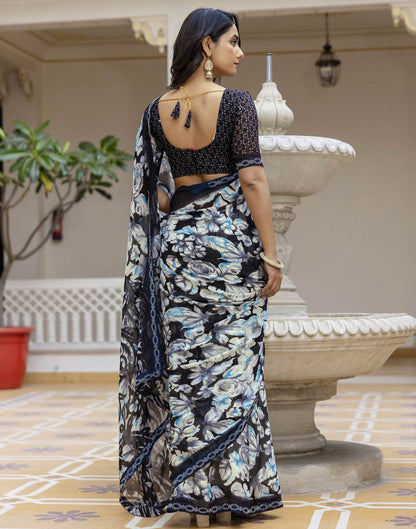 Black Georgette Stone Work Printed Saree