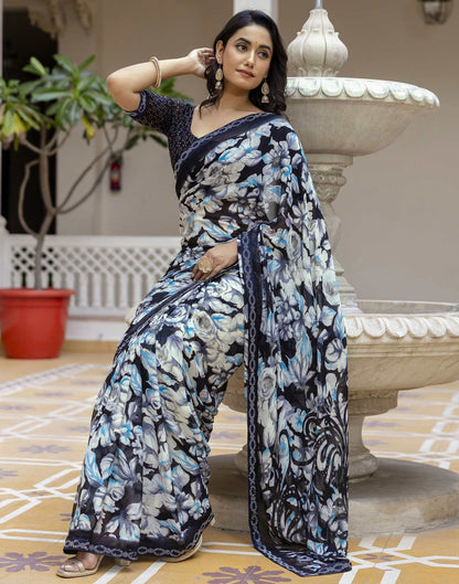 Black Georgette Stone Work Printed Saree
