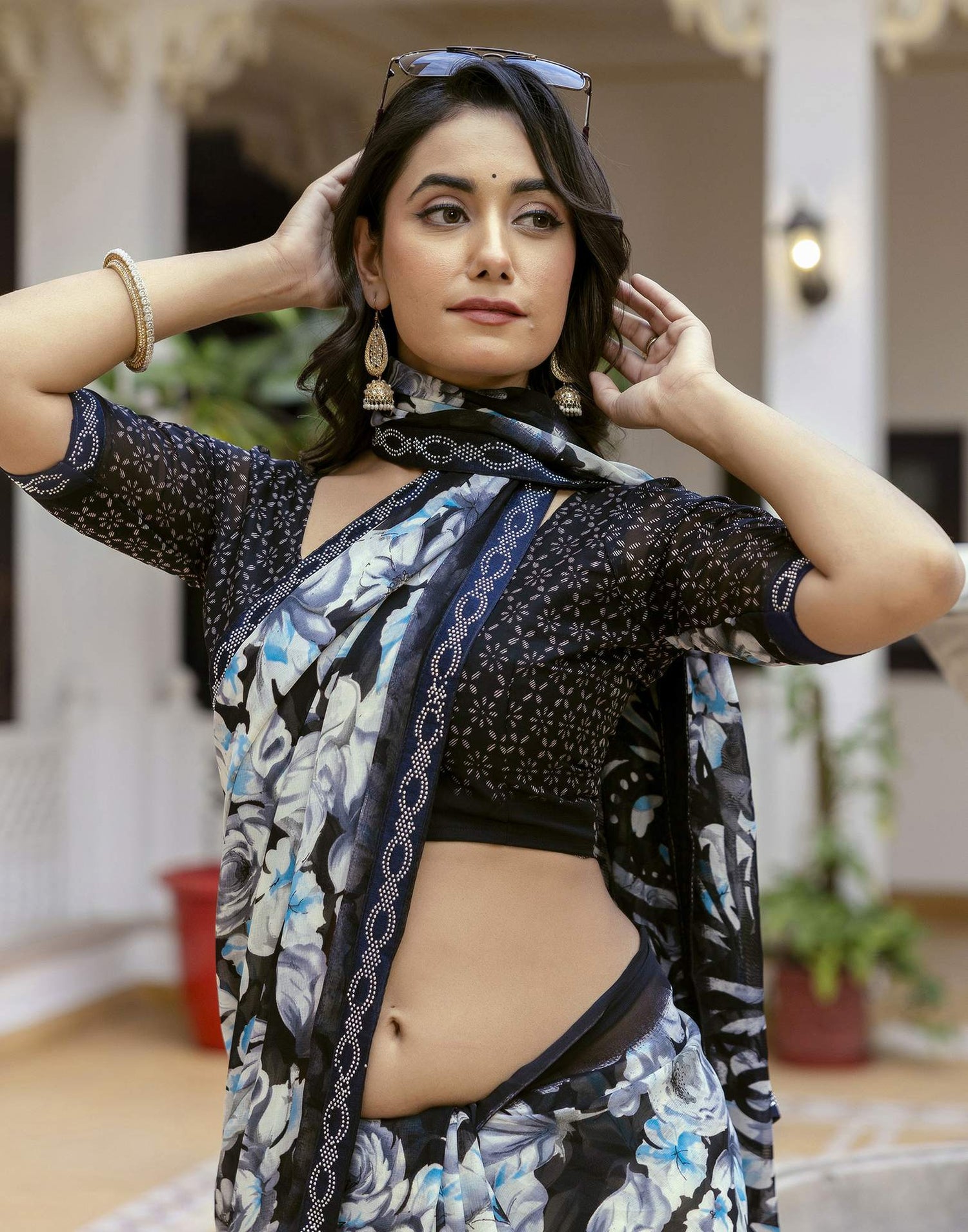 Black Georgette Stone Work Printed Saree