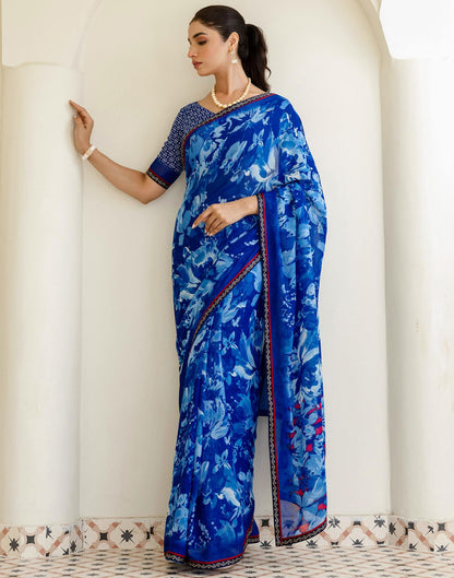 Dark Blue Georgette Floral Printed Saree