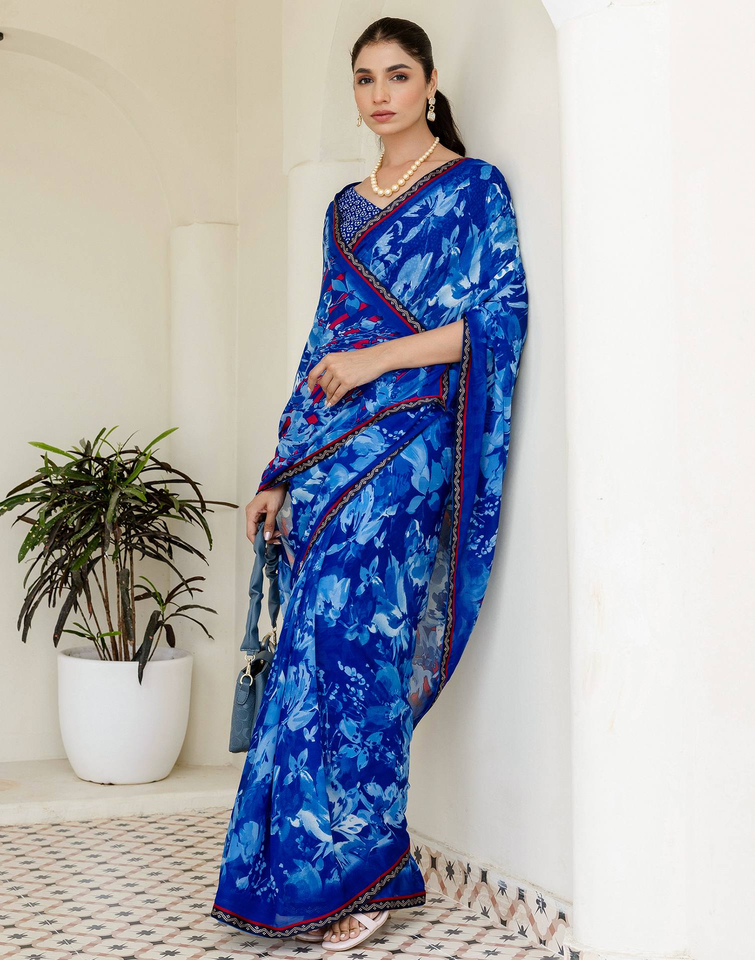 Dark Blue Georgette Floral Printed Saree
