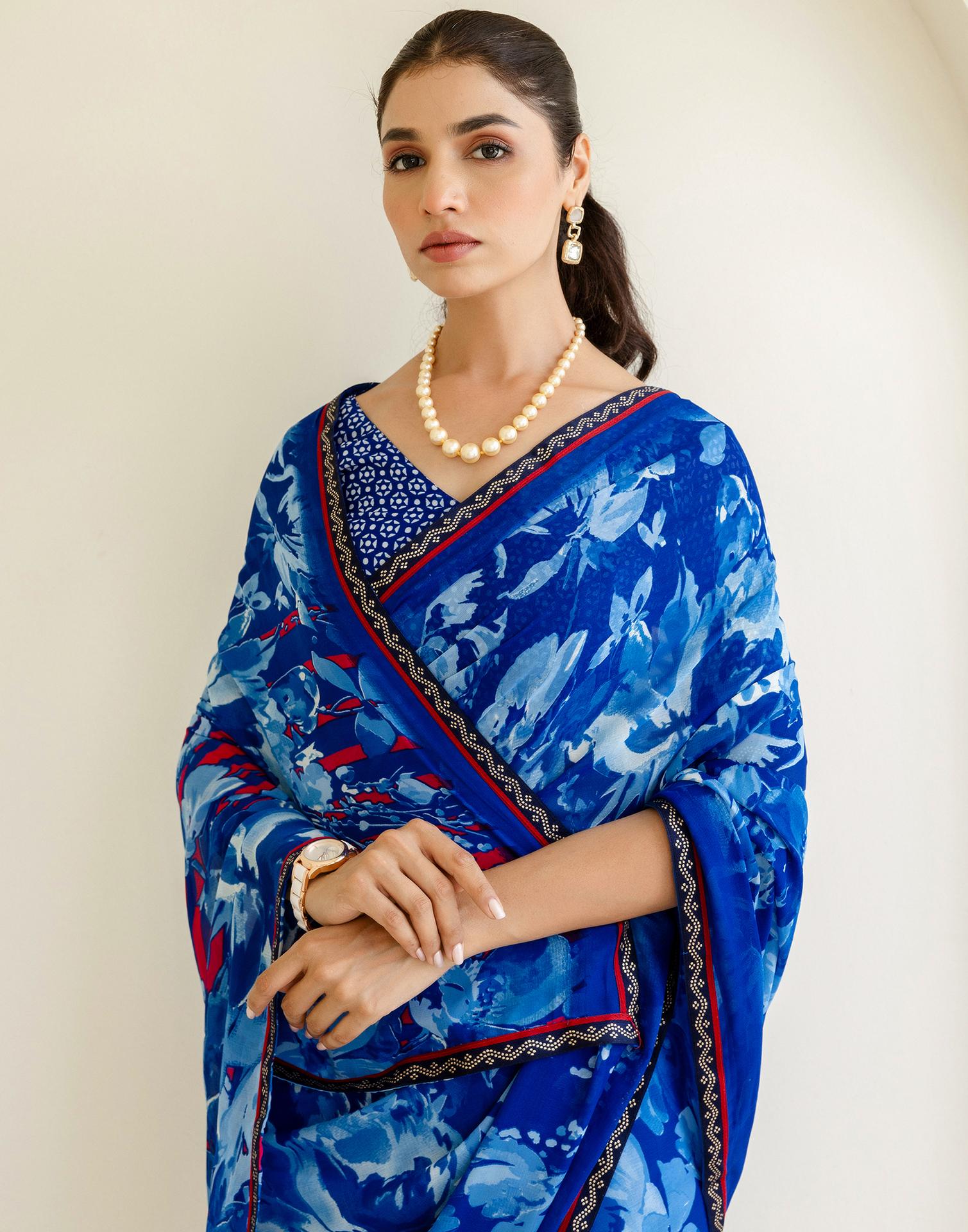 Dark Blue Georgette Floral Printed Saree