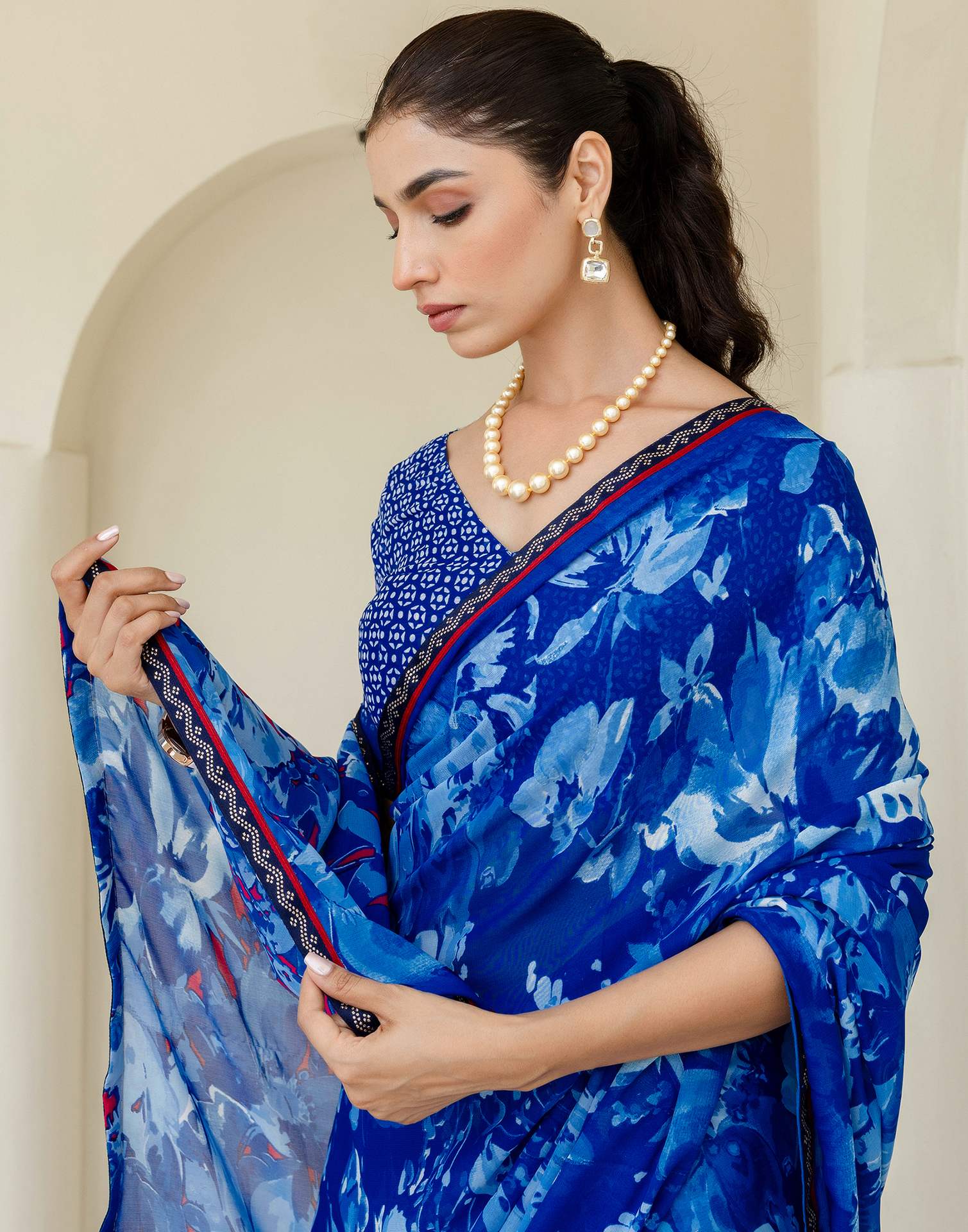Dark Blue Georgette Floral Printed Saree