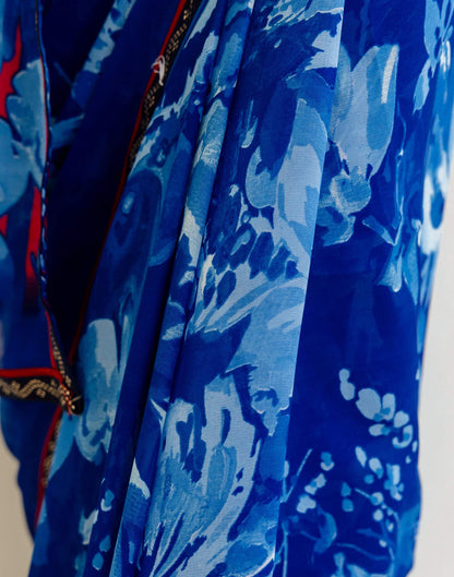 Dark Blue Georgette Floral Printed Saree