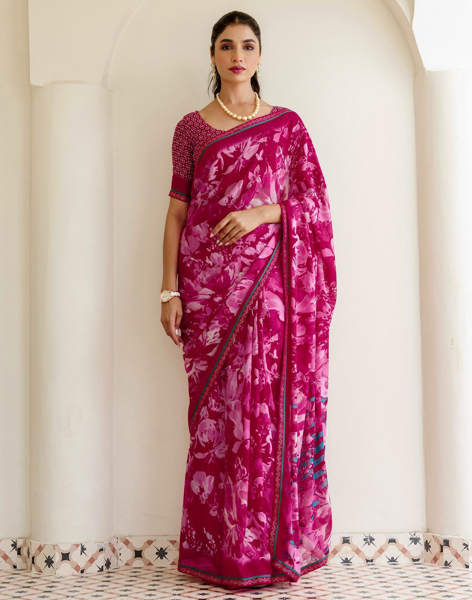 Rani Pink Georgette Floral Printed Saree