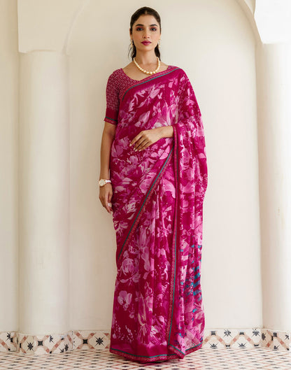 Rani Pink Georgette Floral Printed Saree
