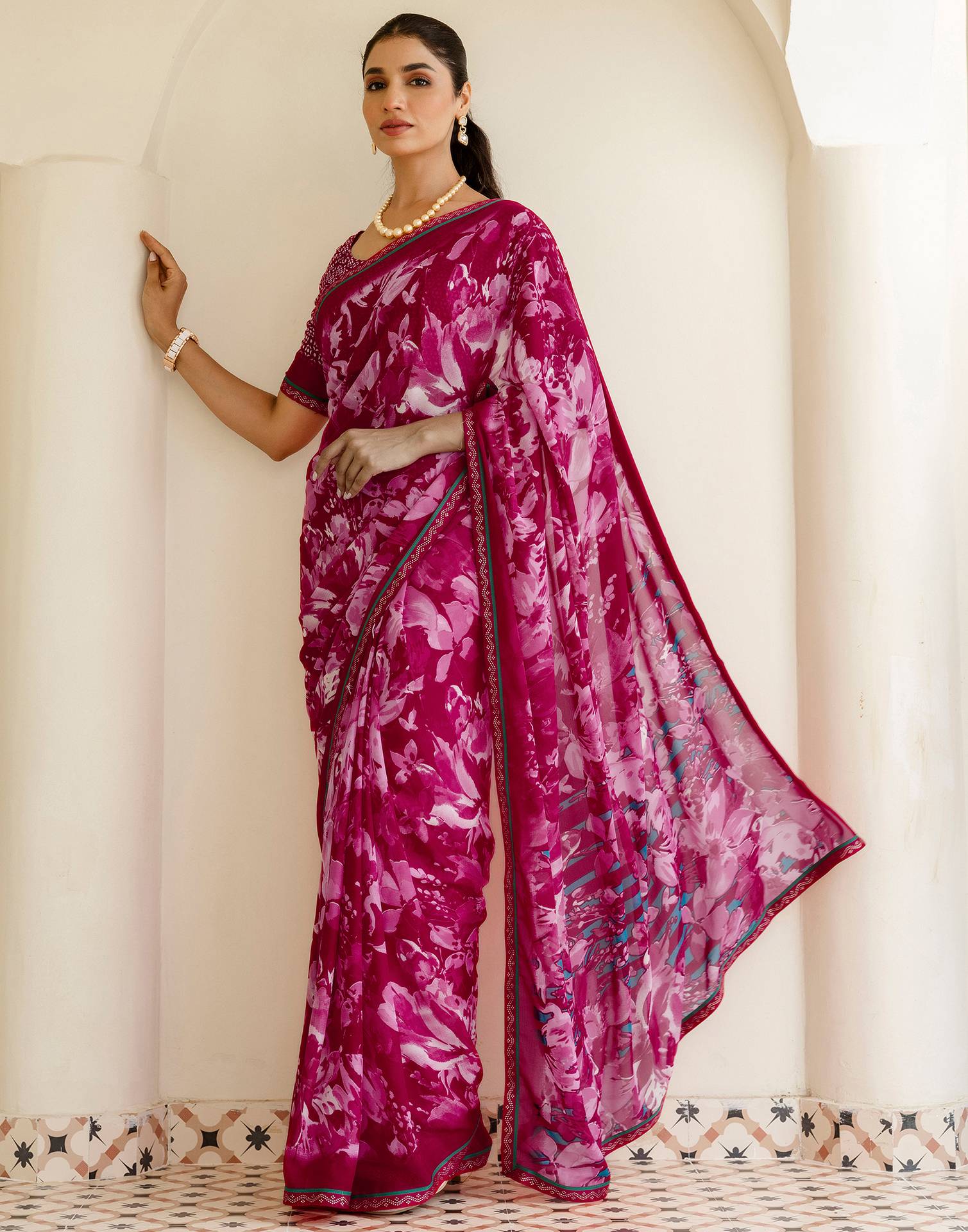 Rani Pink Georgette Floral Printed Saree