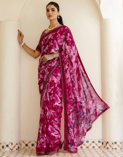 Rani Pink Georgette Floral Printed Saree