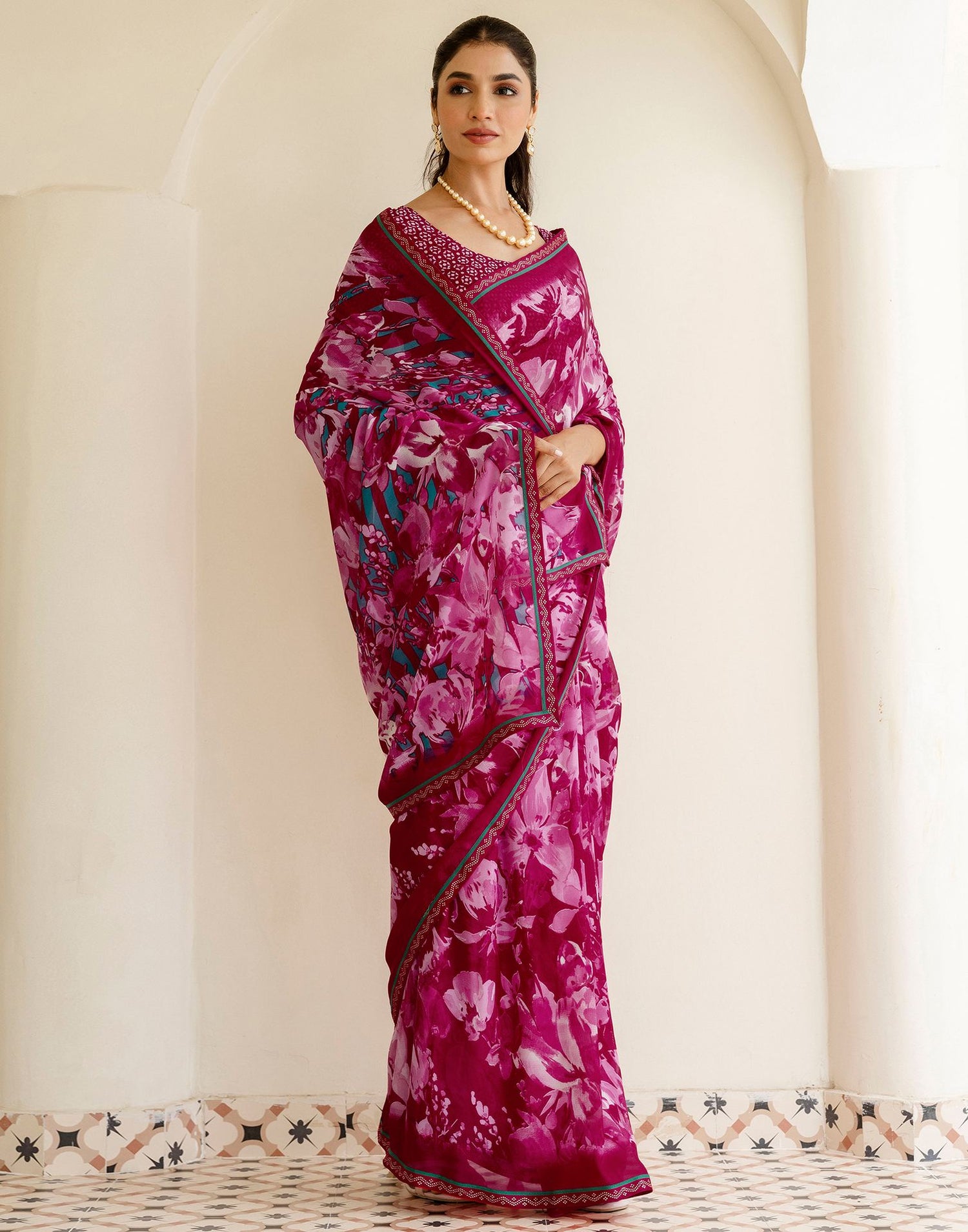 Rani Pink Georgette Floral Printed Saree