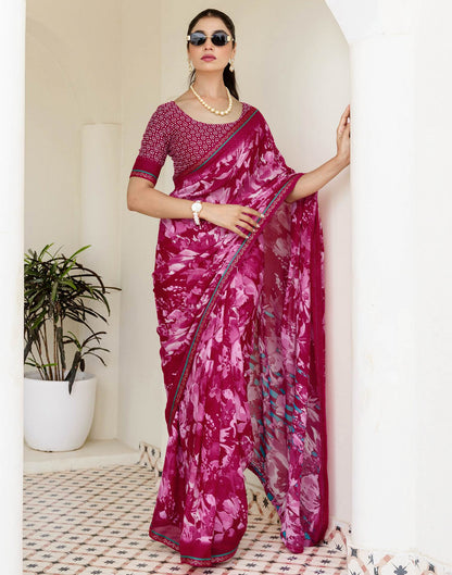 Rani Pink Georgette Floral Printed Saree