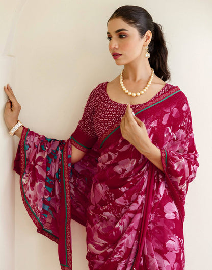 Rani Pink Georgette Floral Printed Saree