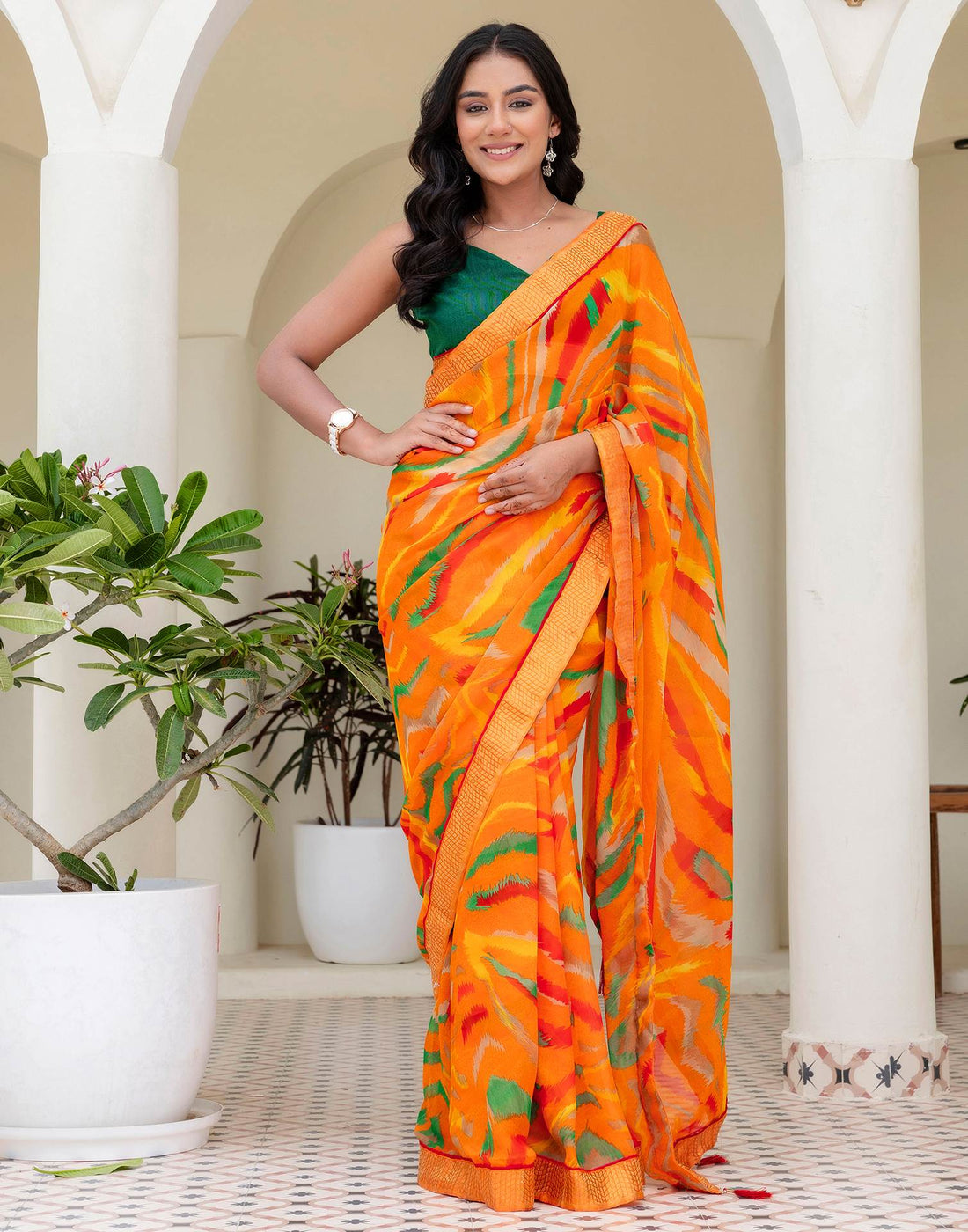 Orange Georgette Printed Saree