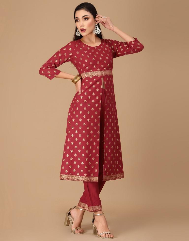 Red Printed A-Line Kurta With Pant