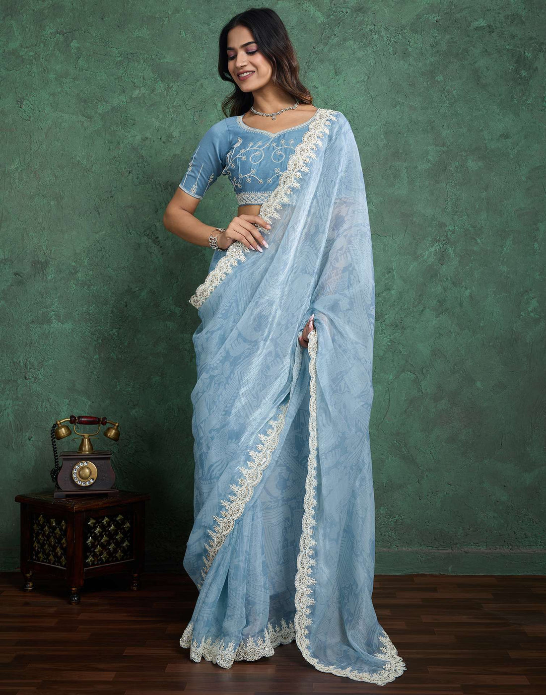 Blue Tissue Silk Sequence Embroidery Saree