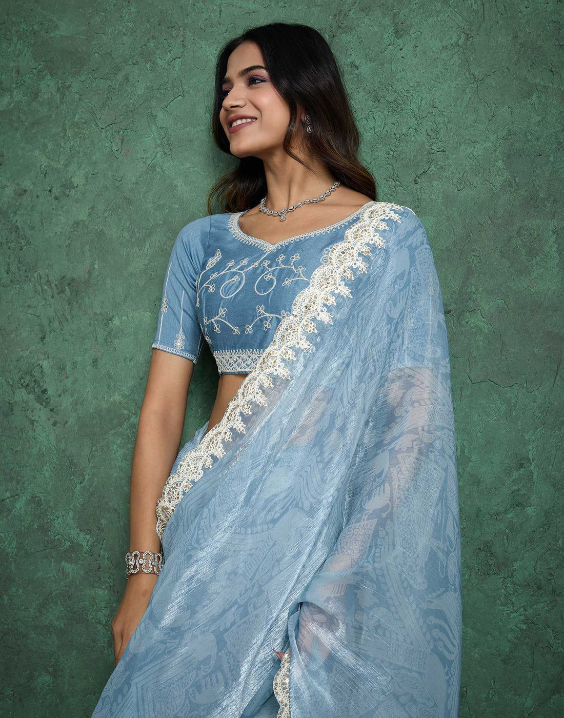 Blue Tissue Silk Sequence Embroidery Saree