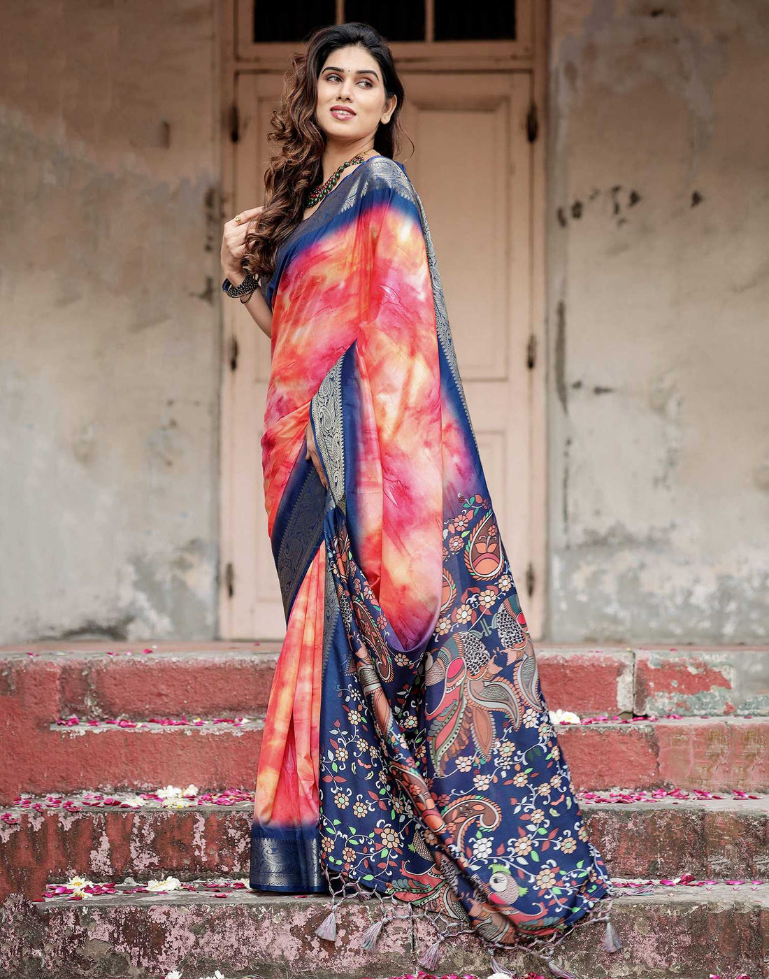 Dark Blue Tussar Silk Printed Kalamkari Saree