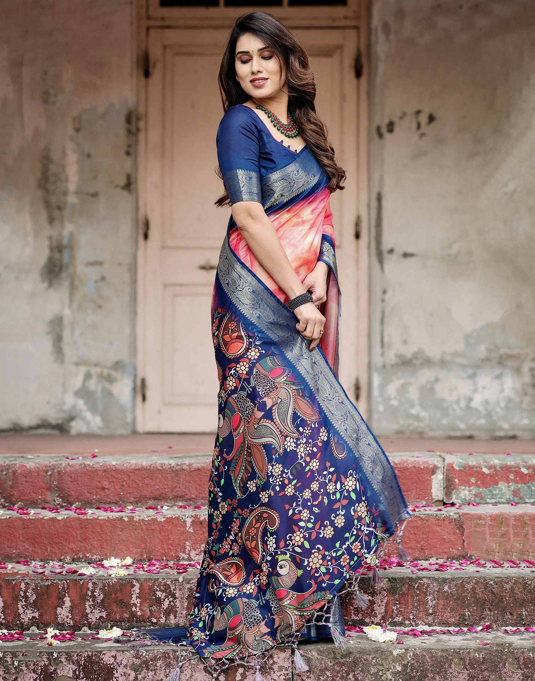 Dark Blue Tussar Silk Printed Kalamkari Saree